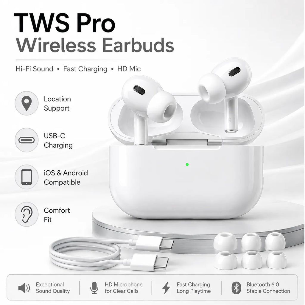 TWS Pro wireless in-ear Bluetooth earbuds deliver clear, high-definition call quality and feature noise cancellation, making them ideal for studying, working, and everyday use.