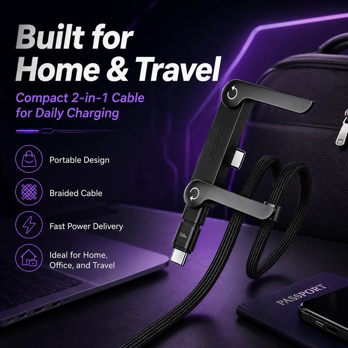 Invisible Charging Cable Holder, 240W Super-Fast Charging, 2-in-1 Type-C Cable, Black, Compatible with iPhone, Samsung, Moto, and Android