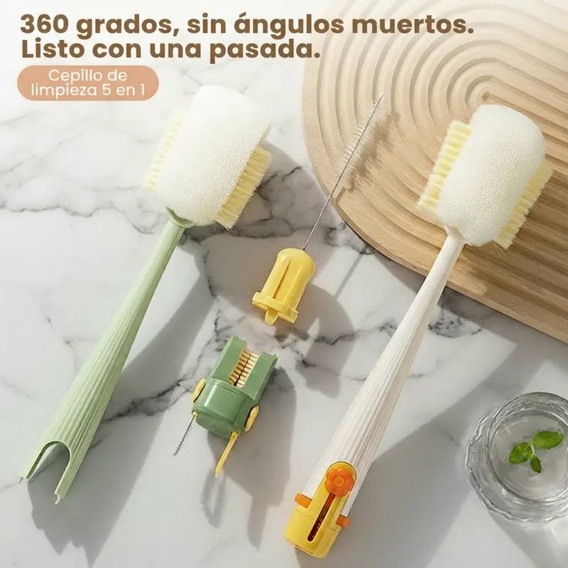 Cepillo Multifuncional 5 en 1 para Botellas Limpia Tapas & Cocina