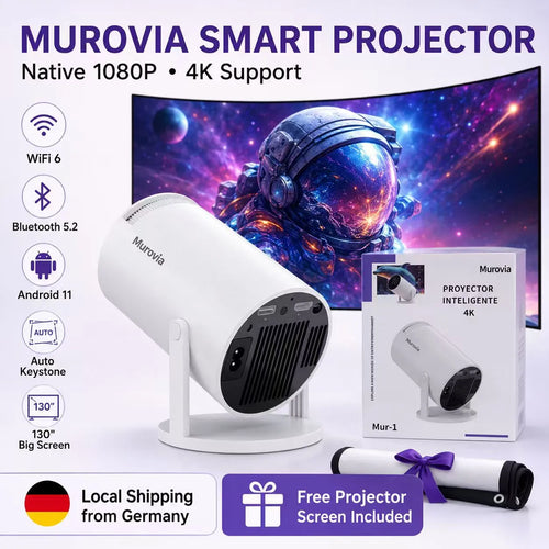 White Murovia smart projector shown with its retail box, a rolled projector sleeve, and promotional text highlighting 1080P/4K support, WiFi 6, Bluetooth 5.2, Android 11, auto focus, 130-degree screen, and local shipping from Germany.